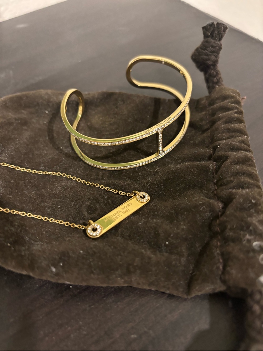 Michael Kors Gold Crystal-Accented Open Cuff Bracelet & Bar Necklace